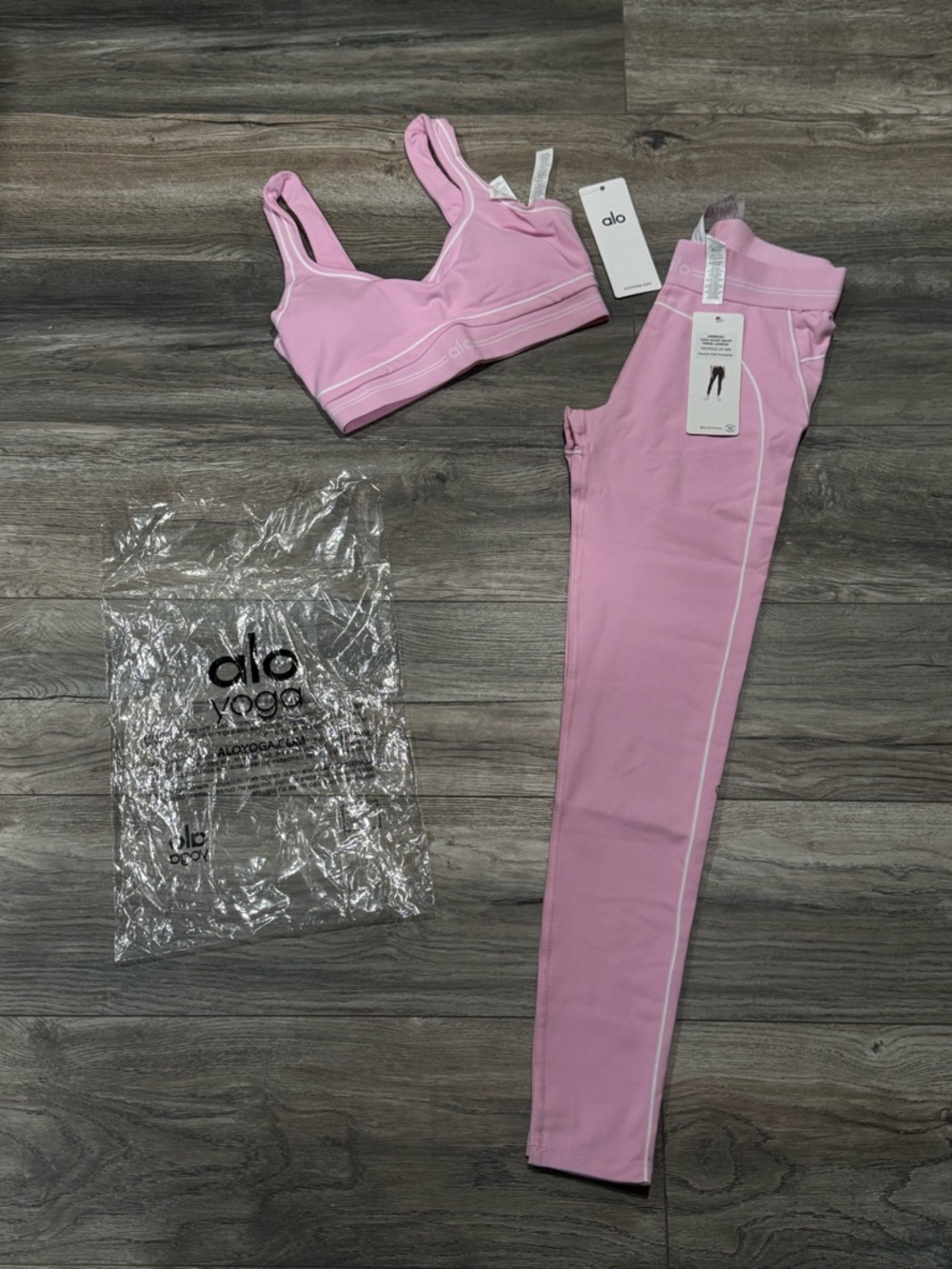 ALO Yoga Candy Heart Pink Logo Sports Bra and Leggings Set